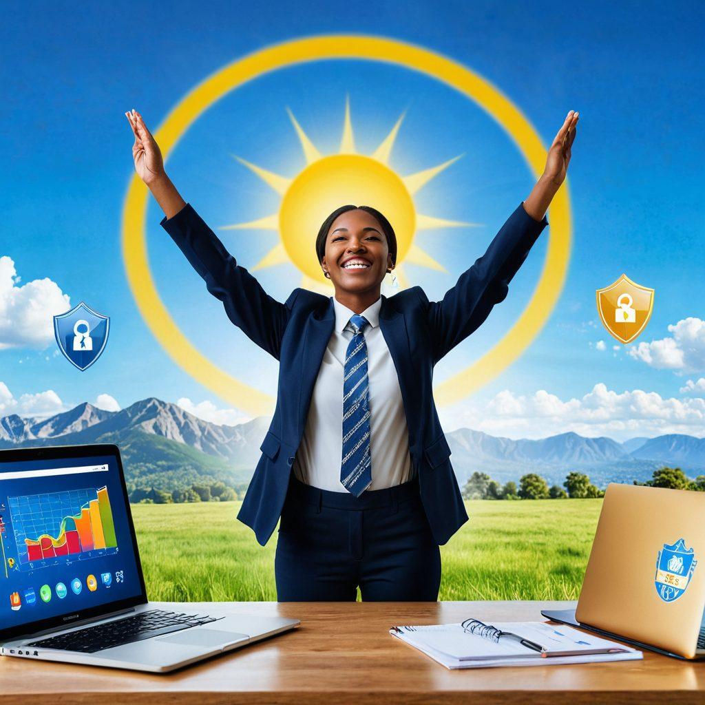 A person joyfully celebrating financial freedom, surrounded by symbols of safety like a secure lock and a shield, with a laptop displaying positive loan growth charts. In the background, a serene landscape with a bright sun and open skies symbolizing opportunity. Incorporate vibrant colors to create an inspiring atmosphere. super-realistic. vibrant colors.