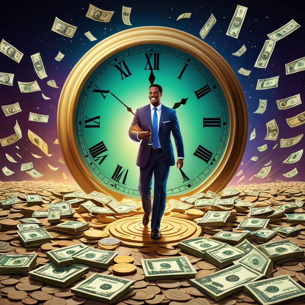 A visually engaging illustration of a person confidently navigating a maze made of dollar bills, symbolizing the journey through financial decisions. Incorporate elements of trust, like a glowing checkmark or friendly characters representing loan officers. Feature a bright background with stacked coins and a clock to emphasize speed and urgency. The design should resonate with themes of reliability and positivity. vibrant colors. vector art.
